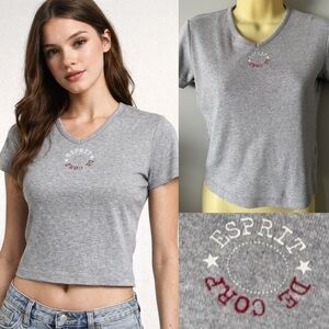Vintage 90s Y2K Esprit Logo Gray Short Sleeve T-shirt baby Tee V-neck Small